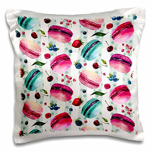 3D Rose Cute Pink Macaroon Cookies On Aqua and White Stripes Pillow Cases  16  x 16