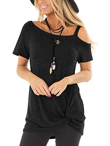 TEMOFON Women s Shirts Cold Shoulder Tops Summer Short Sleeve Casual Fashion Knot Twist Front Blouse T-Shirt Black M