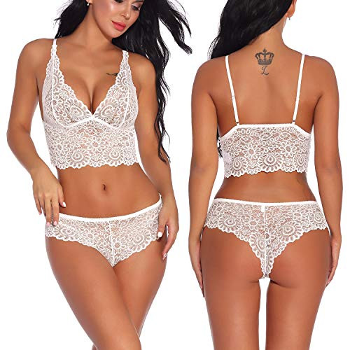 Women s Lingerie Lace Bra Bralette and Panty Set Deep V 2 Piece Babydoll Bodysuit White Women s Lingerie Lace Bra Bralette and Panty Set Deep V 2 Piece Babydoll Bodysuit White