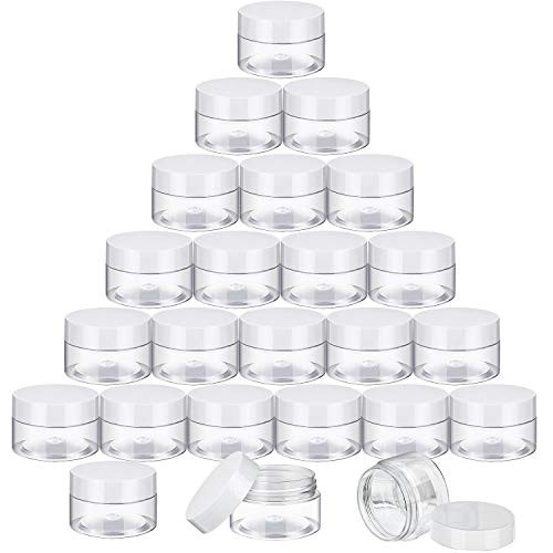 24 Pieces Clear Plastic Round Storage Jars Wide-Mouth Plastic Containers Jars with Lids for Storage Liquid and Solid Products White Lid  1 oz