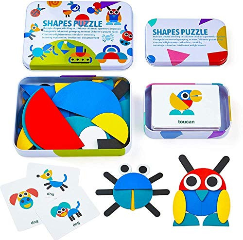 Wooden Pattern Blocks Animals Jigsaw Puzzle Sorting and Stacking STEM Games Montessori Educational Toys for Toddlers Kids Boys Girls Age 3 Years Old 36 Shape Pieces 60 Design Cards in Iron Box Wooden Pattern Blocks Animals Jigsaw Puzzle Sorting and Stacking STEM Games Montessori Educational Toys for Toddlers Kids Boys Girls Age 3 Years Old 36 Shape Pieces 60 Design Cards in Iron Box