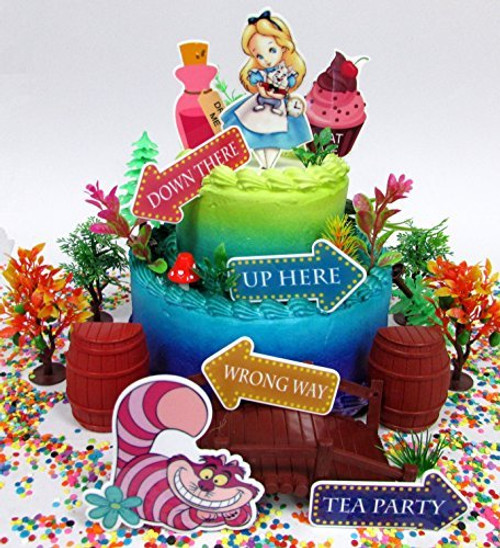 Alice in Wonderland Adventureland Birthday Cake Topper Set with Alice, Cheshire Cat and Other Decorative Themed Accessories Alice in Wonderland Adventureland Birthday Cake Topper Set with Alice, Cheshire Cat and Other Decorative Themed Accessories