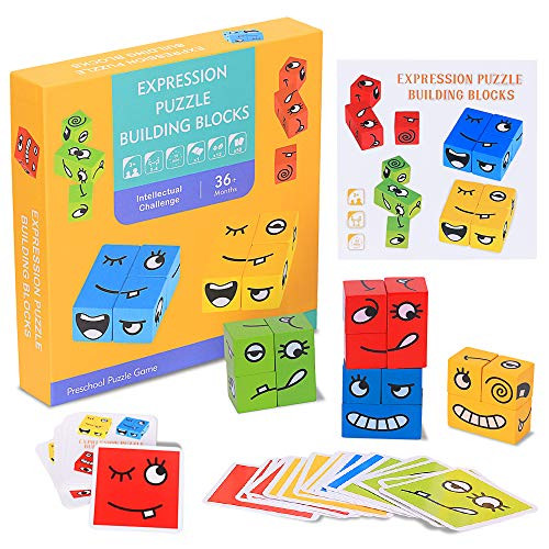 Face-Changing Cube Expression Puzzle Building Blocks Colorful for Kids  Logical Thinking Training Wooden Blocks Board Game Parent Child Interaction Toys for 3 Years Boys Girls