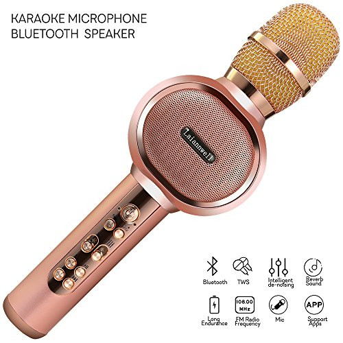 Laiannwell Karaoke Microphone,Wireless Bluetooth Karaoke Machine with Portable Speaker for Singing,Recording,Interviews or Podcasts(Rose Gold)