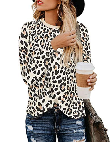 Women s Leopard Print Blouses Long Sleeve Crewneck Basic Casual Top Soft Shirts Small  Apricot Leopard