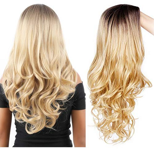 Lovbite Ombre Blonde Synthetic Wigs Long Natural Wavy 26Inch Ash Blonde Wig for Women Heat Resistant Middle Parting Synthetic Replacement Hair Platinum Cosply Wigs for Women Ombre Blonde