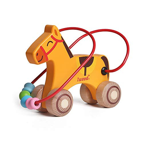 iwood Push and Pull Toys-Horse Bead Maze Educational Wooden Toys for Toddlers