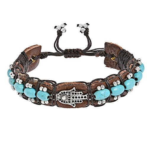 AeraVida Hamsa Fatima Hand Simulated Turquoise Rolls Leather Adjustable Wrist Pull Bracelet