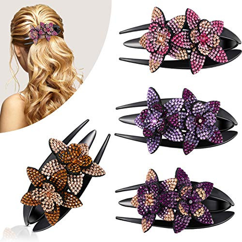 4 Pieces Rhinestone Double Flower Hair Clip Rhinestone Crystal Flower Hairpin Barrettes Glitter Crystal Hair Comb Claw for Women Girls Thick Long Hair 4-33 x 2-24 Inch