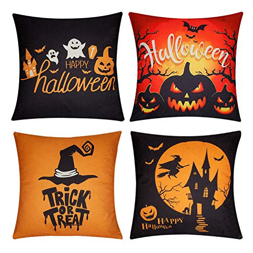 Halloween Pillow Covers  Set of 4 Pumpkin Throw Pillow Cover 18 x 18 inches Trick or Treat Halloween Couch Pillows Farmhouse Pillow Case Cushion Cover for Sofa Couch Bed Home Decoration