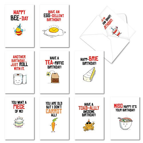 NobleWorks - 10 Assorted Happy Birthday Cards - Funny Greeting Cards with Cartoons  Bulk Boxed Set - Birthday Puns AC6119BDG-B1x10