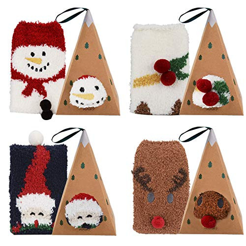 Aniwon Christmas Socks Fuzzy  4 Pairs Holiday Fluffy Plush Slipper Socks Cute Cozy Xmas Sock Winter Warm Thick Home Socks with 3D Cute Pattern For Women Girls Gift