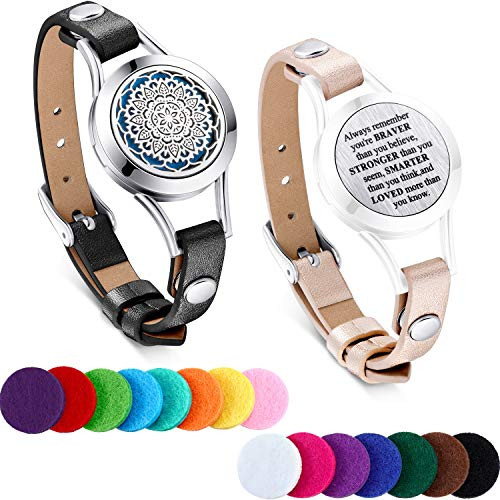 TOODOO 1 Pieces Essential Oil Diffuser Bracelet Aromatherapy Oil Bracelet Locket Bracelet with 2 Leather Bands and 15 Color Pads  Girls Women Jewelry Gift Set Flower