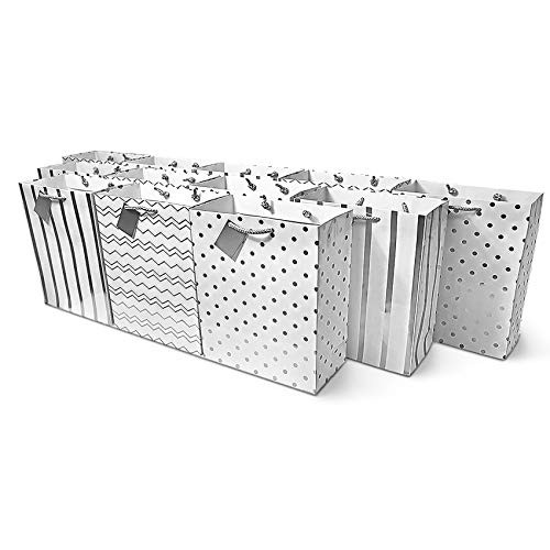 Medium Metallic Silver Paper Gift Bags with Handles  Birthday Party Favor Bags  Chevron Polka Dot Chevron Polka Dot Stripe Patterns 12 Pcs- 7-5x9x3-5