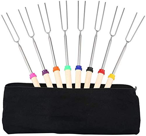 Marshmallow Roasting Sticks  Wooden Handle Extendable Forks Telescoping Smores Skewers for Campfire Firepit and Sausage BBQ with Portable Bag  Set of 8Pcs  32 Inch