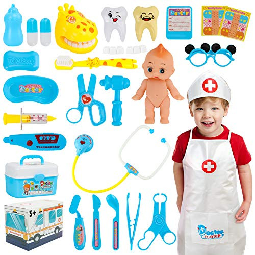 Hapgo Kids Doctor Kit 29 Pieces Pretend Play Doctor Toys Set  Dentist Medical Kits with Electronic Stethoscope and Doctor Role Play Costume