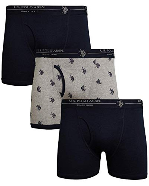 U-S- Polo Assn- Men s Cotton Boxer Briefs Underwear with Functional Fly 3 Pack  Blue-Heather Grey-Classic Navy  Size Medium