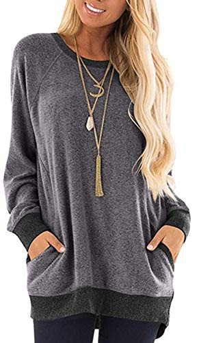Womens Baggy Long Sleeve Sweatshirts Comfy Sweaters Color Block Blouses Tops T Shirts Grey XL