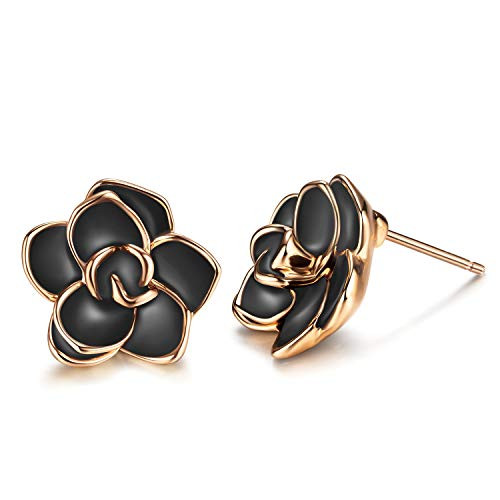 AllenCOCO 18K Gold Plated Black Rose Flower Stud Earrings for Women Large Black