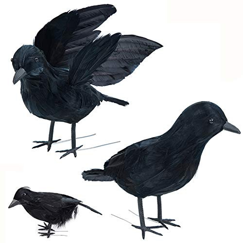 Tinsow 3 Pcs Halloween Realistic Handmade Crow Prop Black Feathered Crow Fly and Stand Crows Ravens for Outdoors and Indoors Crow Decoration Black  3