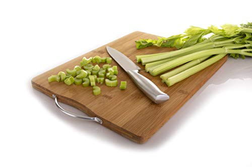 Premium Large Organic Bamboo Cutting board  Cheese Board  Serving Tray  Stainless Steel Handle Reversible Design for Cutting   Serving by Kozy Kitchen