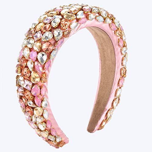 Rhinestone Crystal Padded Headband Bejewelled Wide Velvet Hairband Statement Baroque Colorful Party Headpiece Hair Accessories For Women Pink