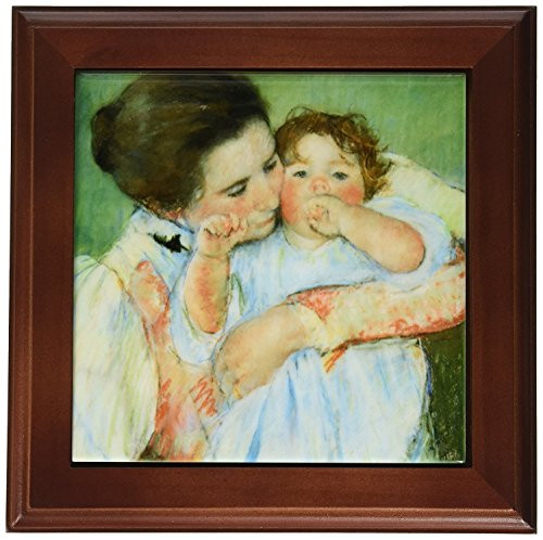 3dRose ft_169650_1 Mother and Child Against a Green Background by Mary Cassatt-Framed Tile Artwork, 8 by 8-Inch