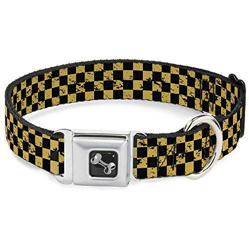 Buckle-Down Seatbelt Buckle Dog Collar - Checker Weathered Black-Yellow - 1-5  Wide - Fits 18-32  Neck - Large