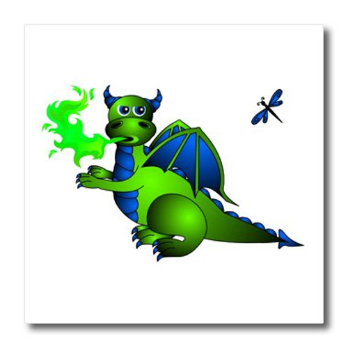 3dRose ht246652 Green and Blue Fire Breathing Dragon and Dragonfly-Iron on Heat Transfer for White Material  6 by 6-Inch