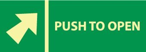 NMC GL317P PUSH TO OPEN - 14 in- x 5 in- 6 Hour Glow Polyester Exit Sign with Right Up Arrow Graphic  Yellow on Glow Green