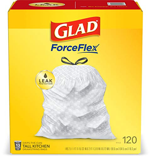 Glad ForceFlex Tall Kitchen Drawstring Trash Bags  13 Gallon White Trash Bag  Unscented  120 Count Package May Vary