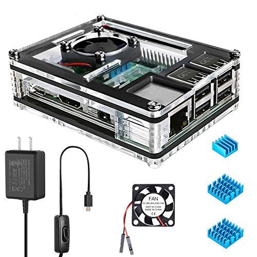 Miuzei Raspberry Pi 3 B Case with Fan Cooling and 3× Heat-Sinks  5V 2-5A Power Supply with On-Off Switch Cable for RPi 3 B  3B  2b