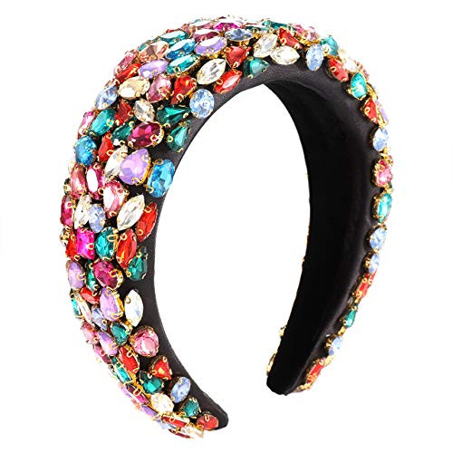 Rhinestone Crystal Padded Headband Bejewelled Wide Velvet Hairband Statement Baroque Colorful Party Headpiece Hair Accessories For Women rainbow