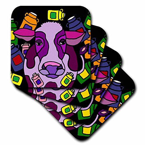 3dRose cst_201768_3 Funny Purple Cow and Milk Jugs Abstract Art Ceramic Tile Coasters (Set of 4)
