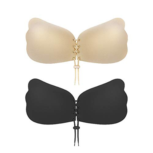 Sticky Bra Invisible Lift up Bra Adhesive Bra Invisible Bra Push up Bra Backless Strapless Bra 2 Pairs Beige and Black 2 Pairs Beige and Black C
