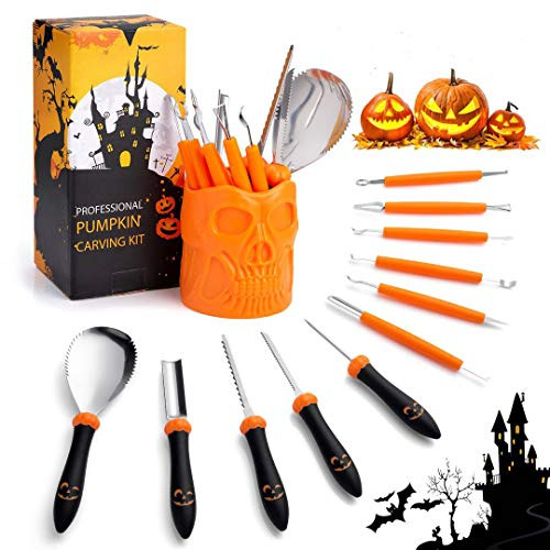 Halloween Pumpkin Carving Kit  13pcs Professional Pumpkin Cutting Tools Set Heavy Duty Stainless Steel Carving Tools for Pumpkin Jack-o-Lanterns with storage bucket