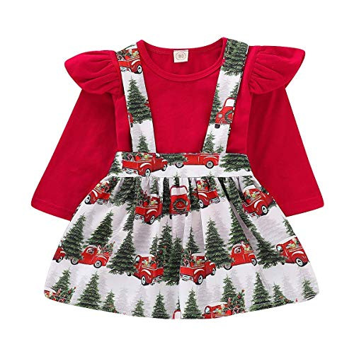 Toddler Baby Girls Dress Kid Baby Girls Ruffle Long Sleeve Tops  Tree Suspender Skirt Outfit SetToddler Baby Girls Christmas Playwear  4-5 T