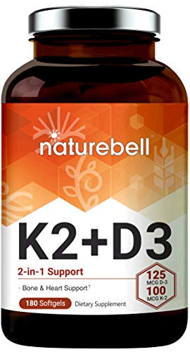 NatureBell Vitamin D3 5000IU with Vitamin K2  180 Softgels  Immune Vitamins Complex  Supports Bone  Heart Health and Immune System  Non-GMO