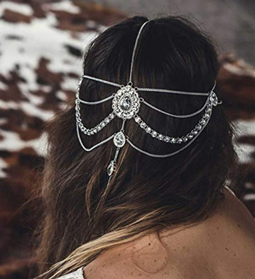 DoubleNine Bohemian Head Chain Bridal Wedding Headpiece Rhinestone Teardrop Headband Crystal Hair Accessories Headpiece Godness Head Dress for Women silver