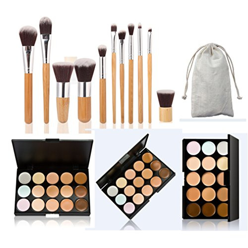 FantasyDay 15 Colors Contour Face Cream Makeup Concealer Kit Camouflage Palette  11 Pcs Beauty Foundation Blending Blush Face Powder Brush Makeup Brush Kit