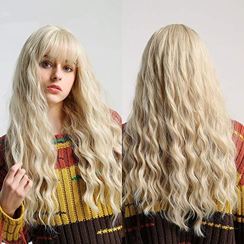 Akkya Long Blonde Wigs with Bangs for Women Wavy Heat Resistant Synthetic Hair Weave Cosplay Halloween Party Wig