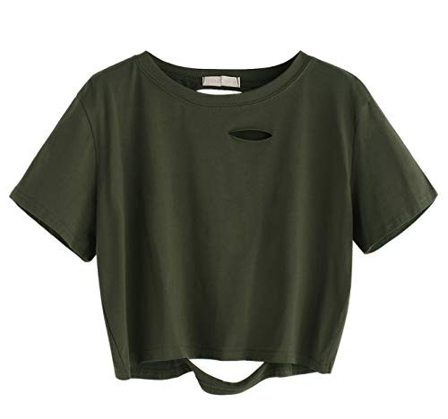 SweatyRocks Women s Summer Short Sleeve Tee Distressed Ripped Crop T-shirt Tops Green XL