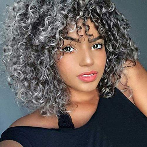 Short Curly Wigs for Black Women - Ombre Gray Synthetic African American Full Kinky Curly Afro Hair Wig with Bangs