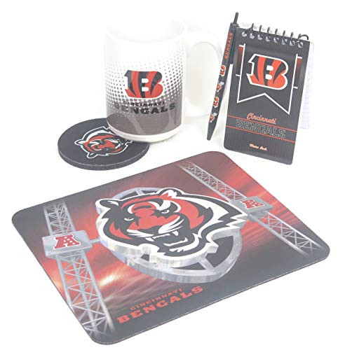 Cincinnati Bengals Computer Workstation Set. Includes a Neoprene Mouse pad, Coaster, Jumbo 15 oz Coffee Mug, memo pad, and Ballpoint Pen Too, 5 Pieces Set.