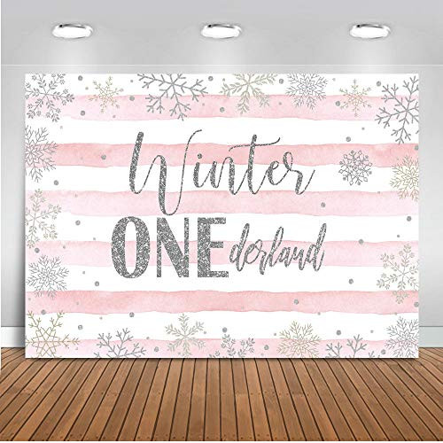 Mocsicka Winter Onederland Backdrop 7x5ft Pink White Striped Silver Snowflakes 1st Birthday Photography Background Winter First Birthday Photo Backdrops