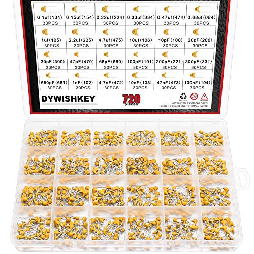 DYWISHKEY 24Value 720PCS DIP Monolithic Multilayer Ceramic Chip Capacitors Assortment Kit  0-1uF-100nF Ceramic Capacitor Set