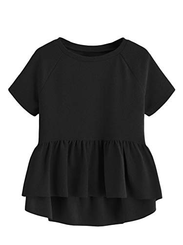 SheIn Women s Cute Short Sleeve Ruffle High Low Hem Smock Peplum Blouse Top Large Black