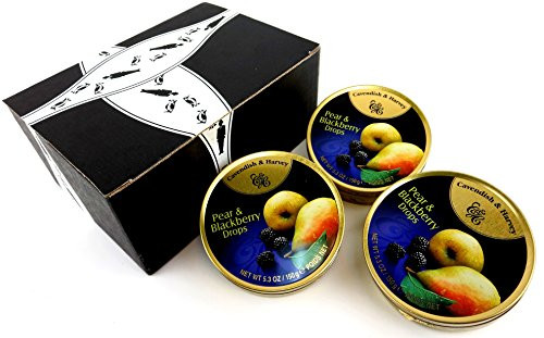 Cavendish Harvey Pear Blackberry Drops 5-3 oz Tins in a BlackTie Box Pack of 3 Cavendish Harvey Pear Blackberry Drops 5-3 oz Tins in a BlackTie Box Pack of 3