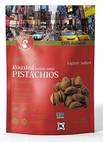 AZNUT Turkish Antep Roasted Salted Pistachios  100   Natural Premium Quality Class A  Non Gmo Project Certified  Kosher Certified  Great Snacks  Resealable Bag 1 LB