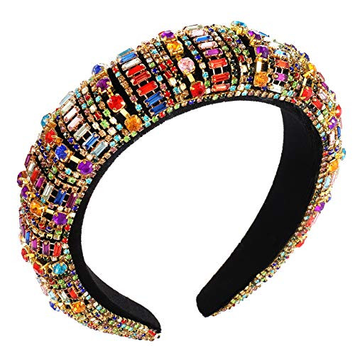 Rhinestone Padded Headband Bejeweled Colorful Baroque Rhinestone Embellished Wide Velvet Padded Statement Headband Hair Hoop for WomenColorful